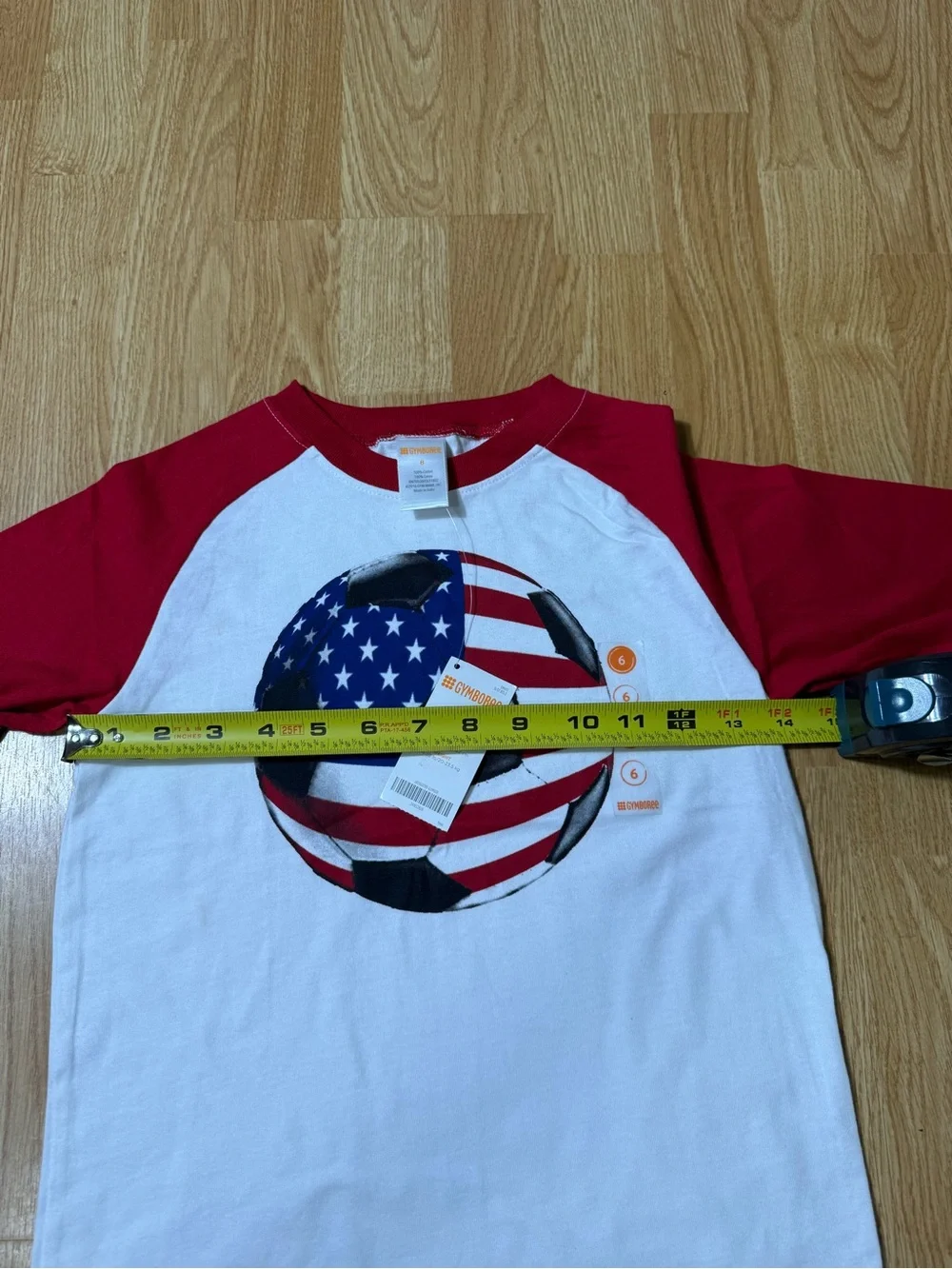 Kids Red & White Raglan Soccer Tee with USA Flag Graphic - Size 6